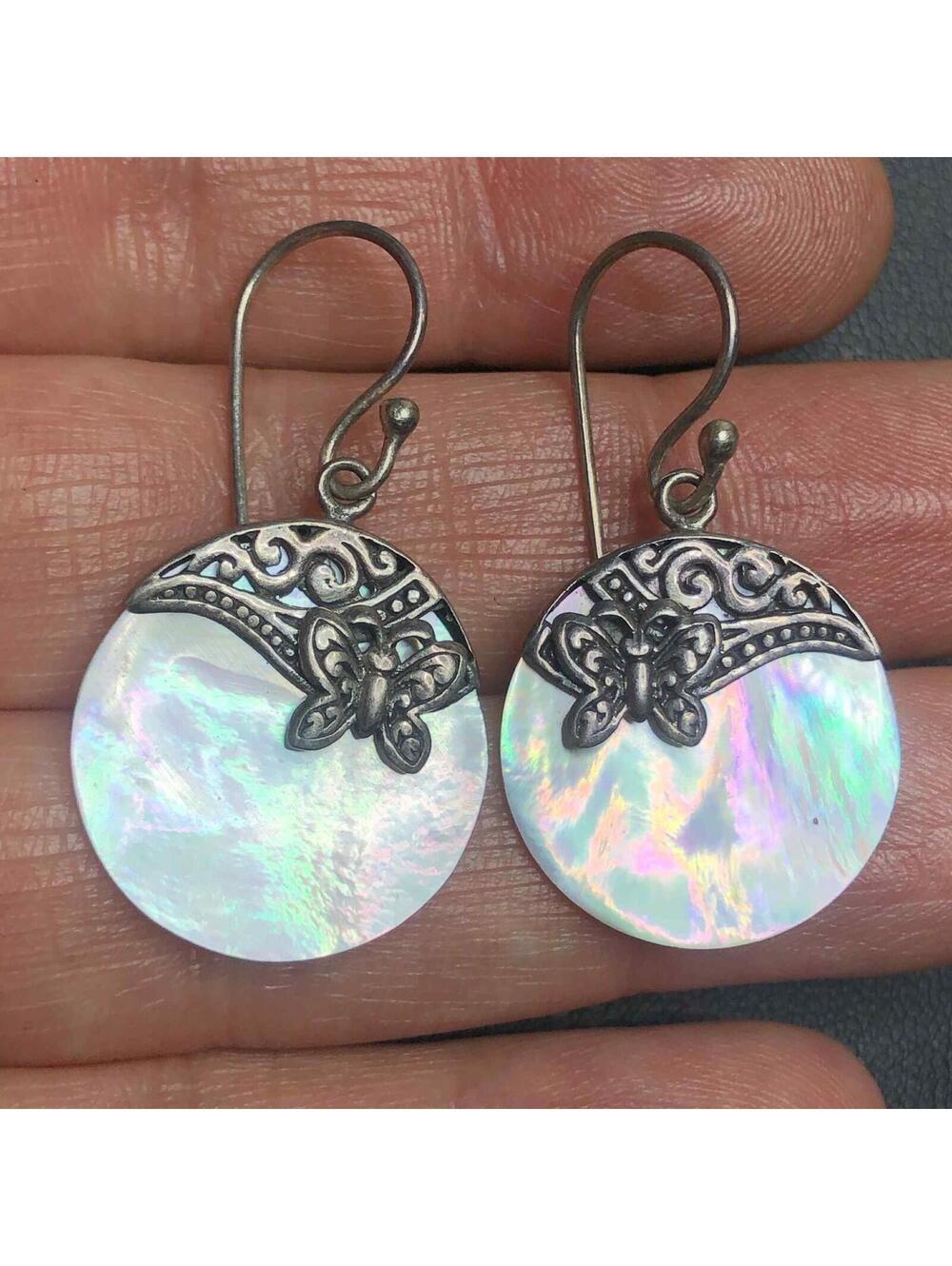 6473 Sterling signed 925 ATI mother of pearl Butterfly dangle earrings 5.8grams